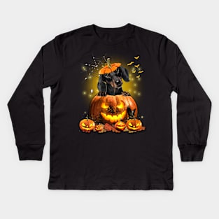 Black Dachshund Spooky Halloween Pumpkin Dog Head Kids Long Sleeve T-Shirt